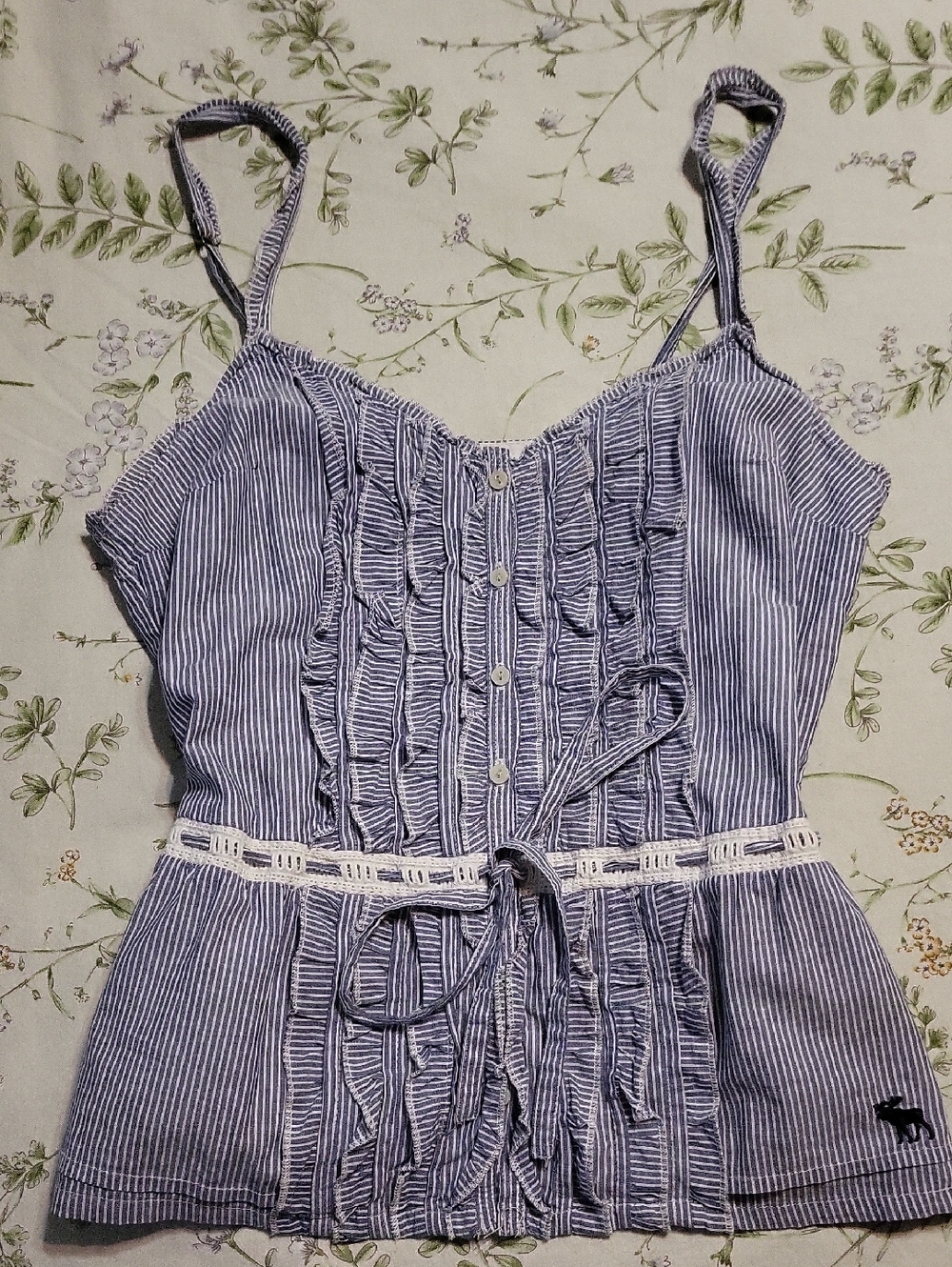 Abercrombie & Fitch Blue and White Striped Cami Top with Ruffle Trim